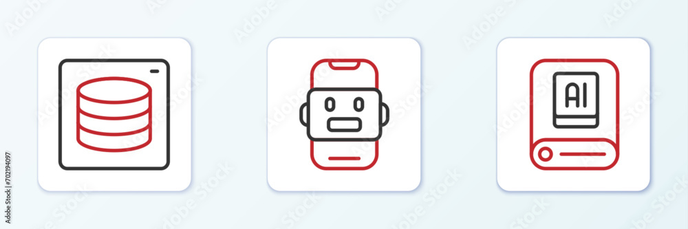 Poster set line artificial intelligence ai, server, data and chat bot icon. vector