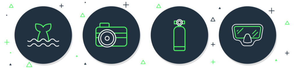Set line Photo camera for diver, Aqualung, Whale tail and Diving mask icon. Vector