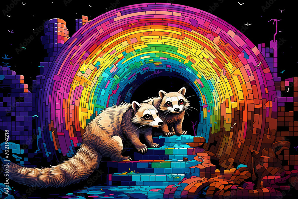Leinwandbilder Playful pixel art of ferrets exploring pixelated tunnels, infusing the scene with the energy of retro ferret antics.
