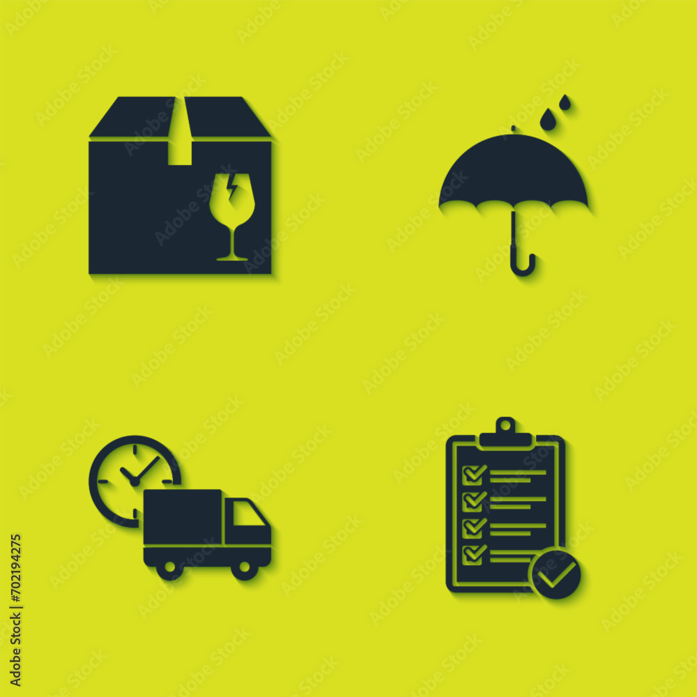 Poster set delivery box with fragile content, verification of delivery list, truck and clock and umbrella r