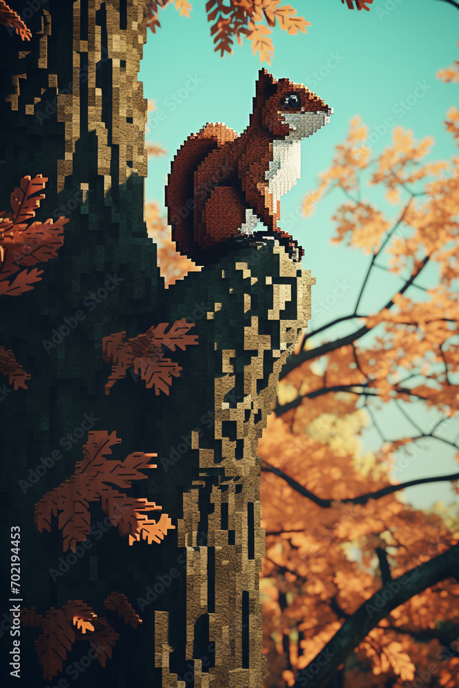 Poster dynamic pixel art of a squirrel on a pixelated tree, hunting for nuts and showcasing retro squirrel 