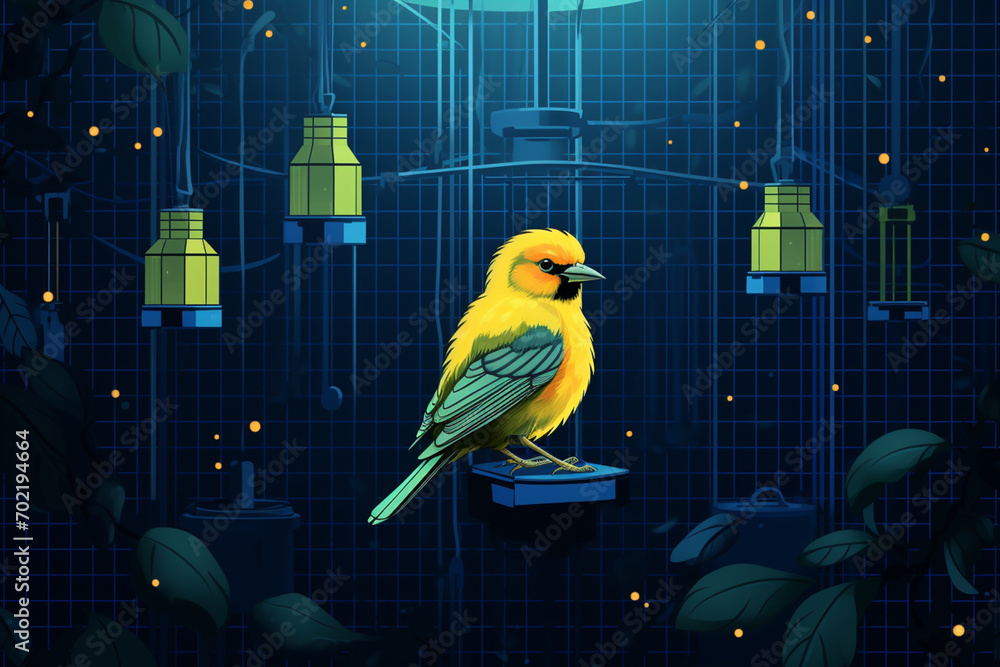 Leinwandbilder melodic pixel art of a canary singing in a pixelated cage, creating a delightful scene of avian musi