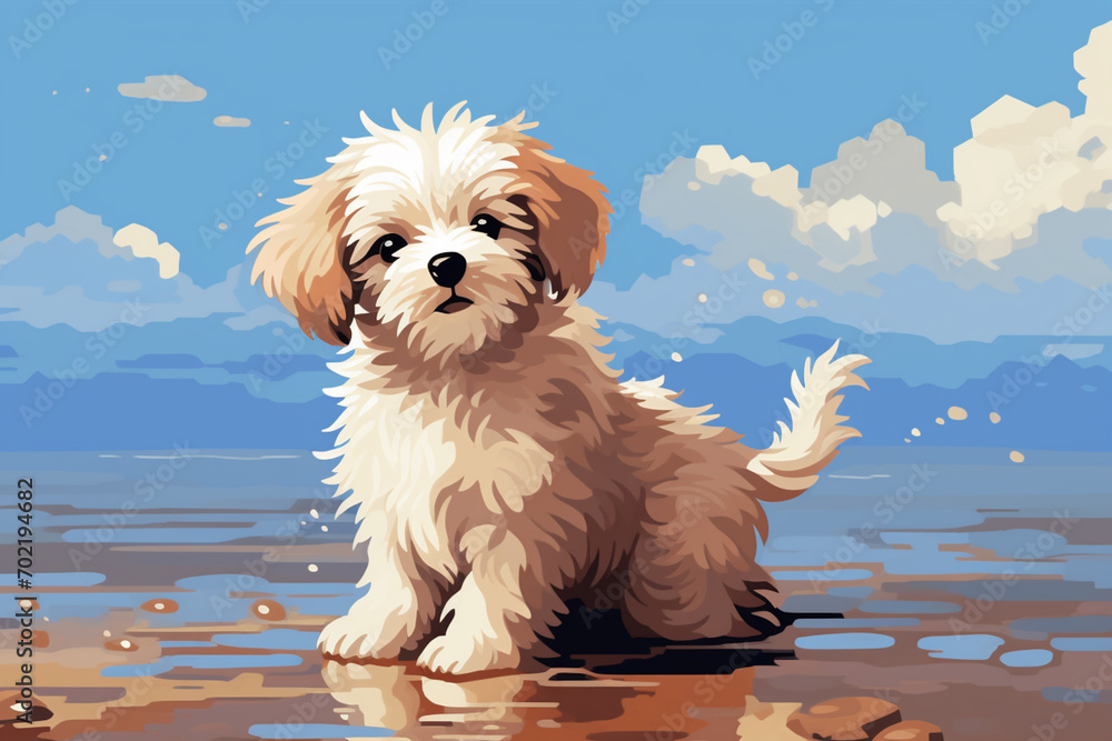 Aufkleber heartwarming pixel art of a puppy learning tricks in a pixelated setting, infusing training moments 