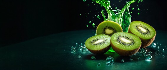 Liquid explosion, green kiwis. Fresh fruits with dark green background.