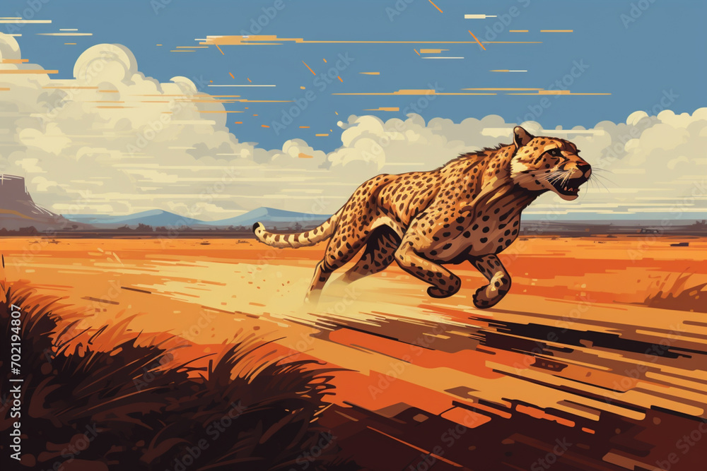 Poster dynamic pixel art capturing the speed of a cheetah sprinting through a pixelated savannah.