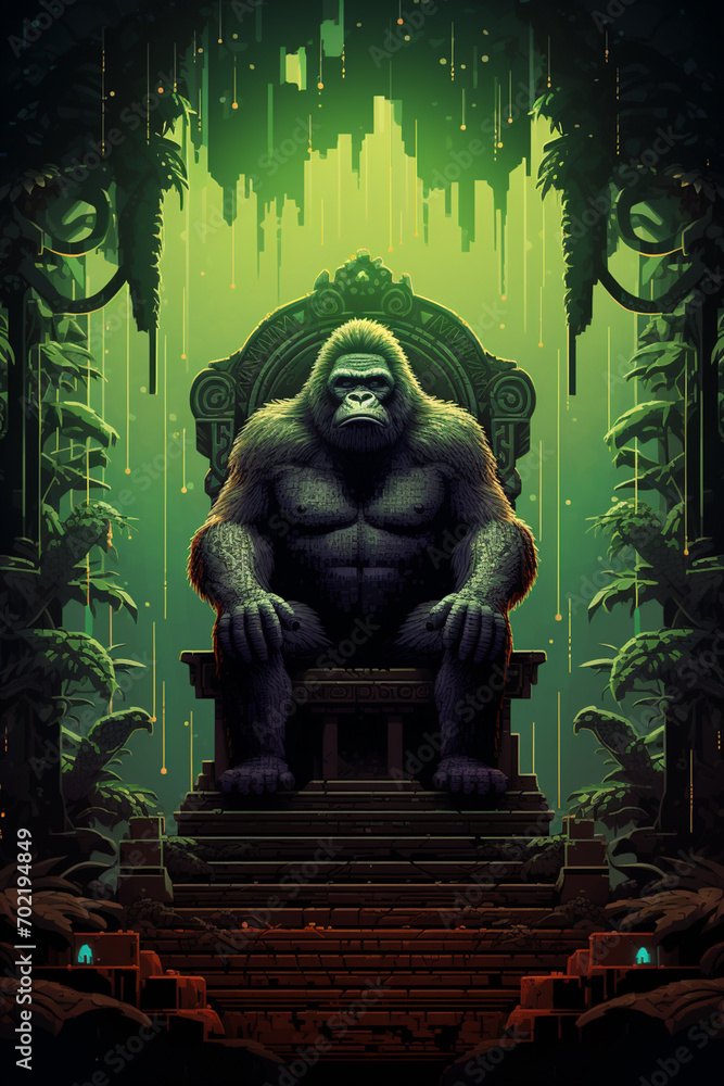 Leinwandbilder majestic pixel art of a gorilla on a throne in a pixelated jungle, blending regality with retro grap