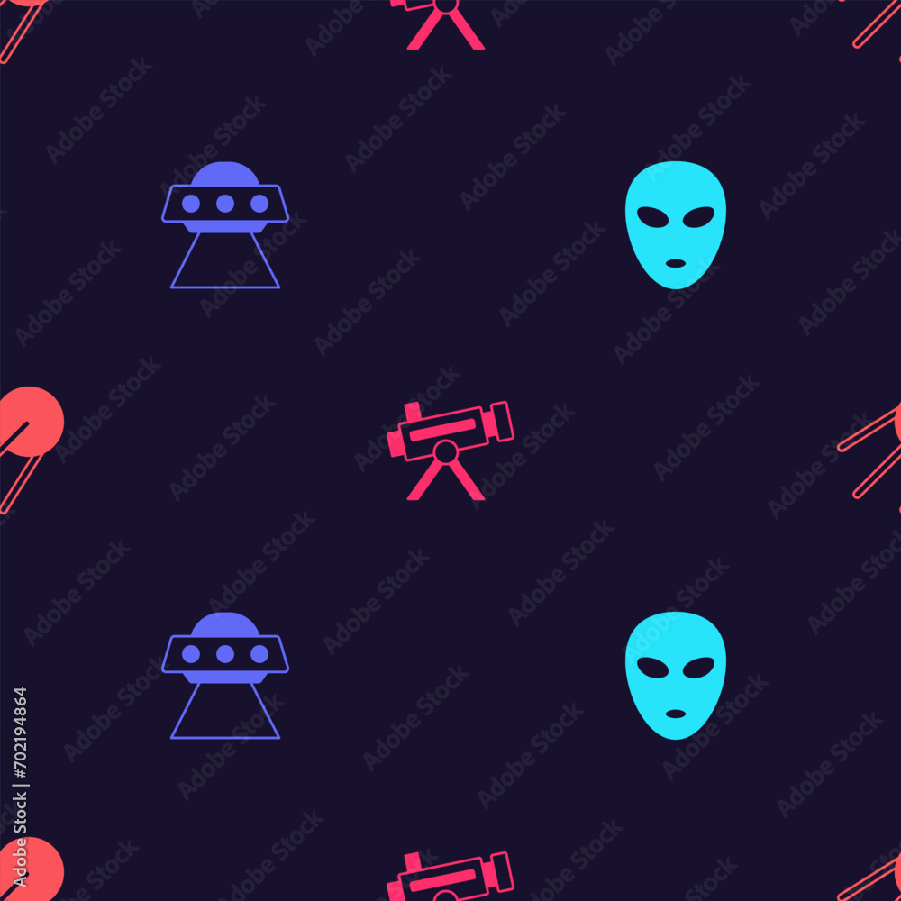 Poster set alien, ufo flying spaceship, telescope and satellite on seamless pattern. vector