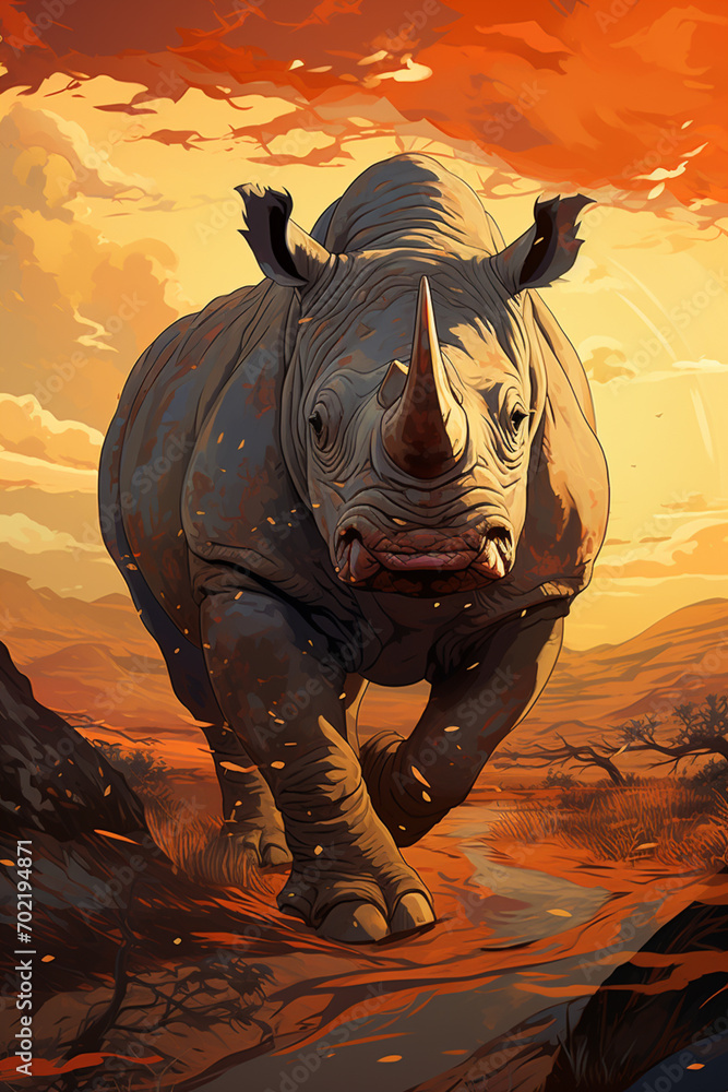 Aufkleber Dynamic pixel art of a rhinoceros charging through a pixelated savannah, infusing energy into the retro scene.