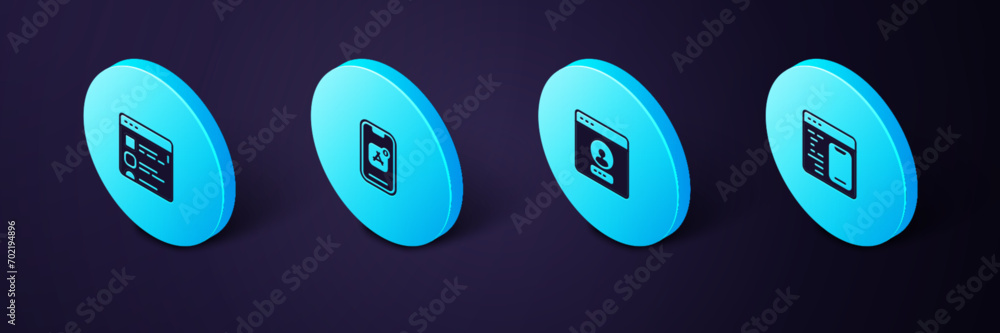 Poster set isometric software, create account screen, mobile apps and browser files icon. vector