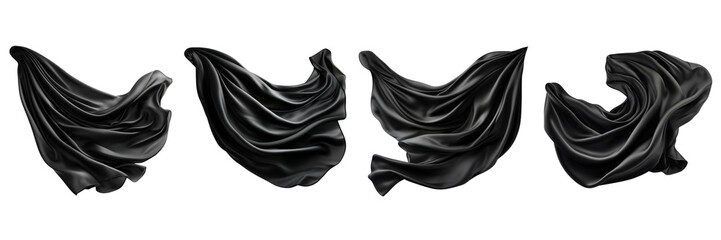 Set of flying black Silk fabric waving on a transparent background in the top view. PNG