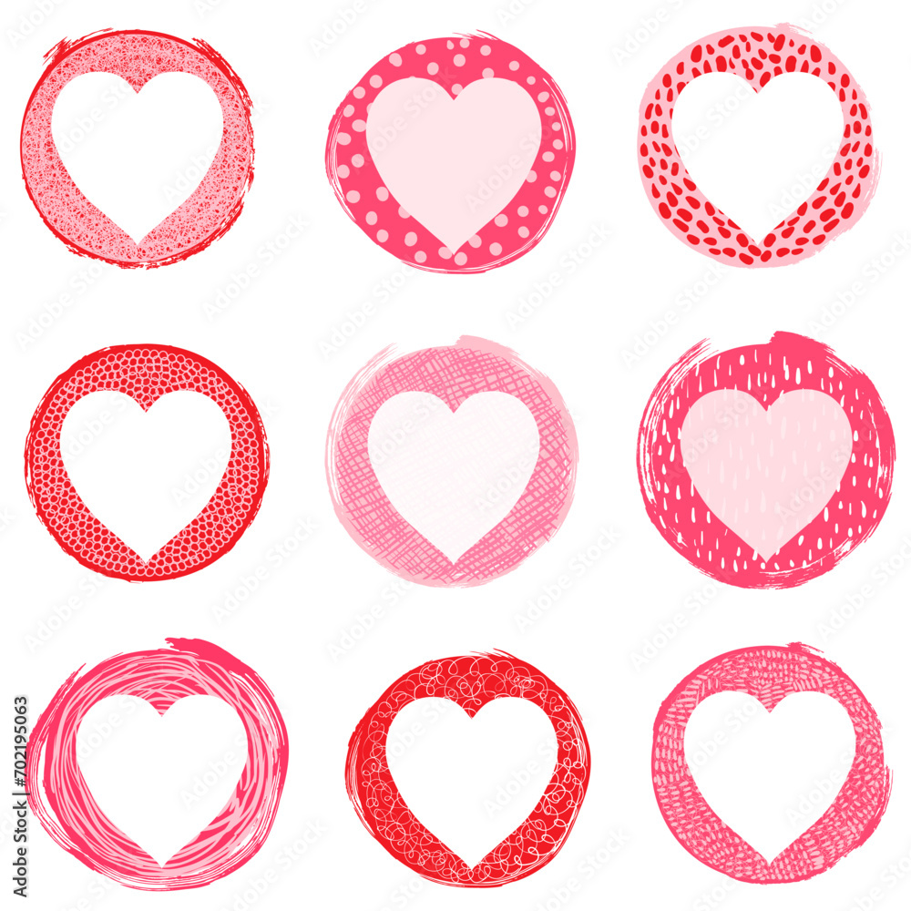 Aufkleber painted round vector shapes with hearts. irregular brush stroke circles with dots and scribble textu