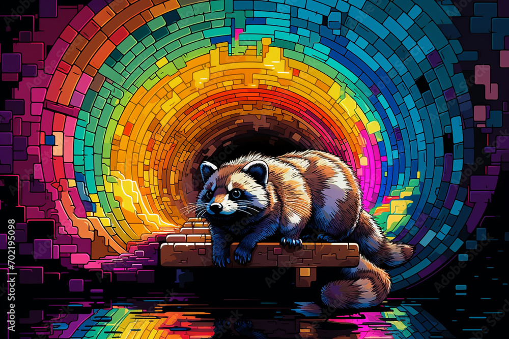Poster playful pixel art of ferrets exploring pixelated tunnels, infusing the scene with the energy of retr