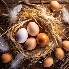 Easter, natural background with eggs in a straw nest and feathers on the boards