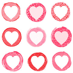 Painted round vector shapes with hearts. Irregular brush stroke circles with dots and scribble textures for labels, tags, packaging design for Valentine's Day and Mother's Day - 702195063