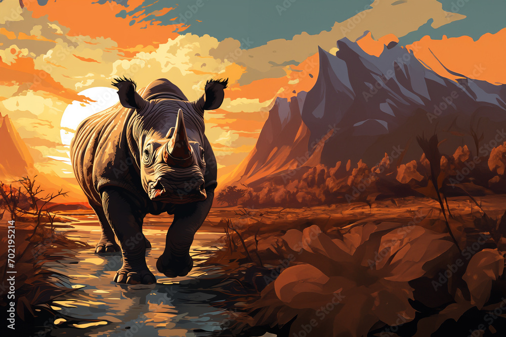 Aufkleber dynamic pixel art of a rhinoceros charging through a pixelated savannah, infusing energy into the re