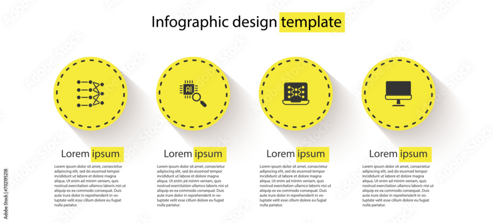 Poster set neural network, processor cpu, and computer monitor. business infographic template. vector