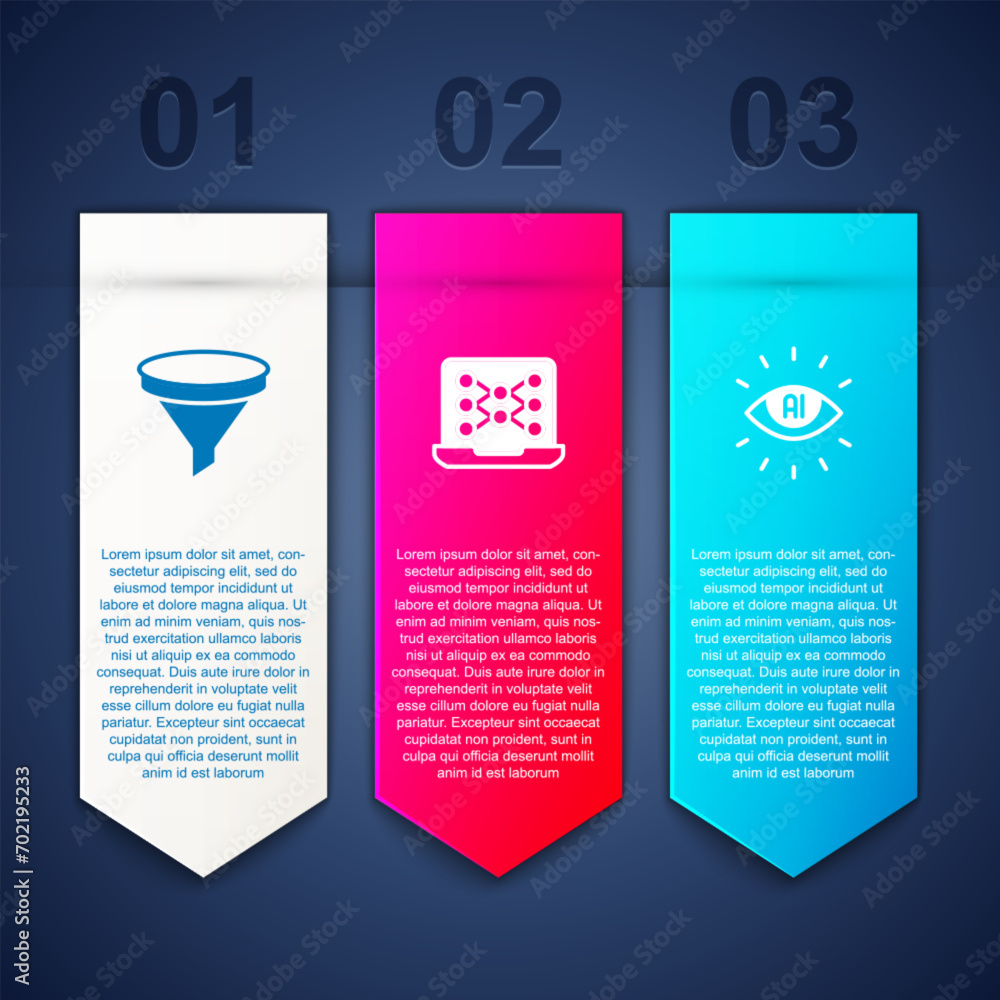 Aufkleber set funnel or filter, neural network and artificial intelligence ai. business infographic template. 