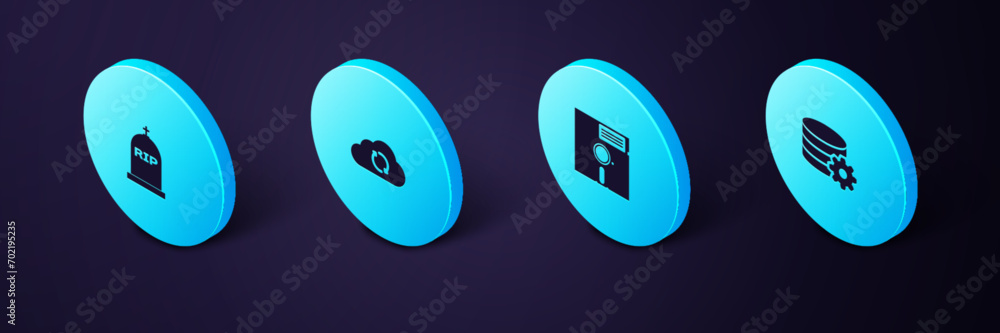 Poster set isometric setting database server, floppy disk the 5.25-inch, cloud sync refresh and tombstone w
