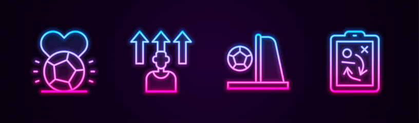 Set line Soccer football ball, Football or soccer player, goal with and Planning strategy concept. Glowing neon icon. Vector © vector_v