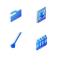 Set Isometric line Fertilizer bag, Garden hose or fire hose, rake for leaves and fence icon. Vector