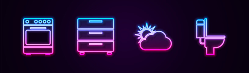 Set line Oven, Furniture nightstand, Sun cloud weather and Toilet bowl. Glowing neon icon. Vector