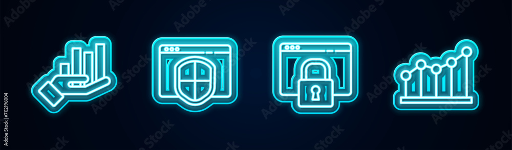 Poster set line pie chart infographic, browser with shield, secure your site https, ssl and . glowing neon 