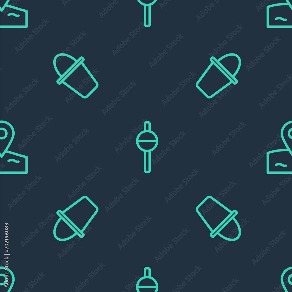 Poster set line fishing float, bucket and location fishing on seamless pattern. vector