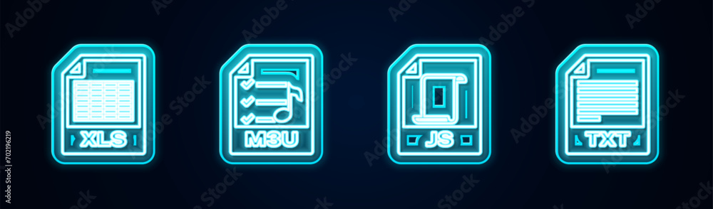 Poster set line xls file document, m3u, js and txt. glowing neon icon. vector