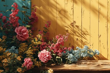 Vintage Shop Icon with Wooden Signboard and Flowers, Infusing Nostalgia, on a Yellow Surface, Generative AI