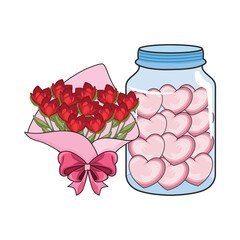 love in jar glass with rose flower bouqet illustration