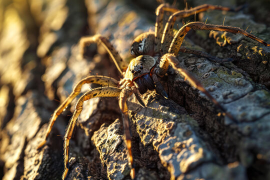 Huntsman spider on a tree bark in a suburban Australian garden, showcasing its large size and camouflage skills, captured in the natural evening light
