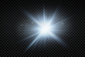 Set of realistic vector blue stars png. Set of vector suns png. White flares with highlights.	