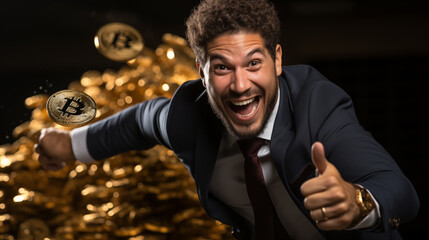 Lachender Mann erfolgreich mit Bitcoin und Kryptowährungen