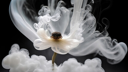 Tapeta kwiaty, abstrakcyjny biały kwiat, dym. Generative AI