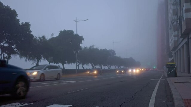 Foggy Dawn: City Streets Awaken Amidst a Misty Veil