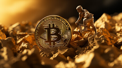 Bitcoin Münze Cryptowährung schürfen als Goldersatz - obrazy, fototapety, plakaty