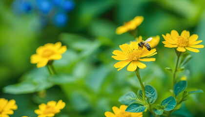Small yellow bright summer flowers and bee on a background of blue and green foliage in a fairy garden. Macro artistic image.