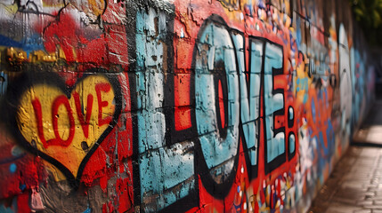 LOVE graffiti art on a urban street wall texture with blurred bokeh background