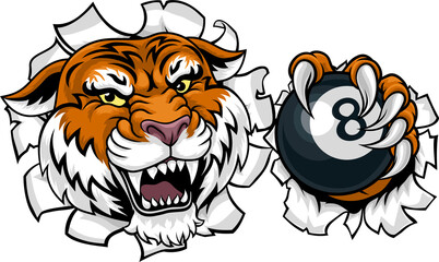 Tiger Angry Pool 8 Ball Billiards Mascot Cartoon