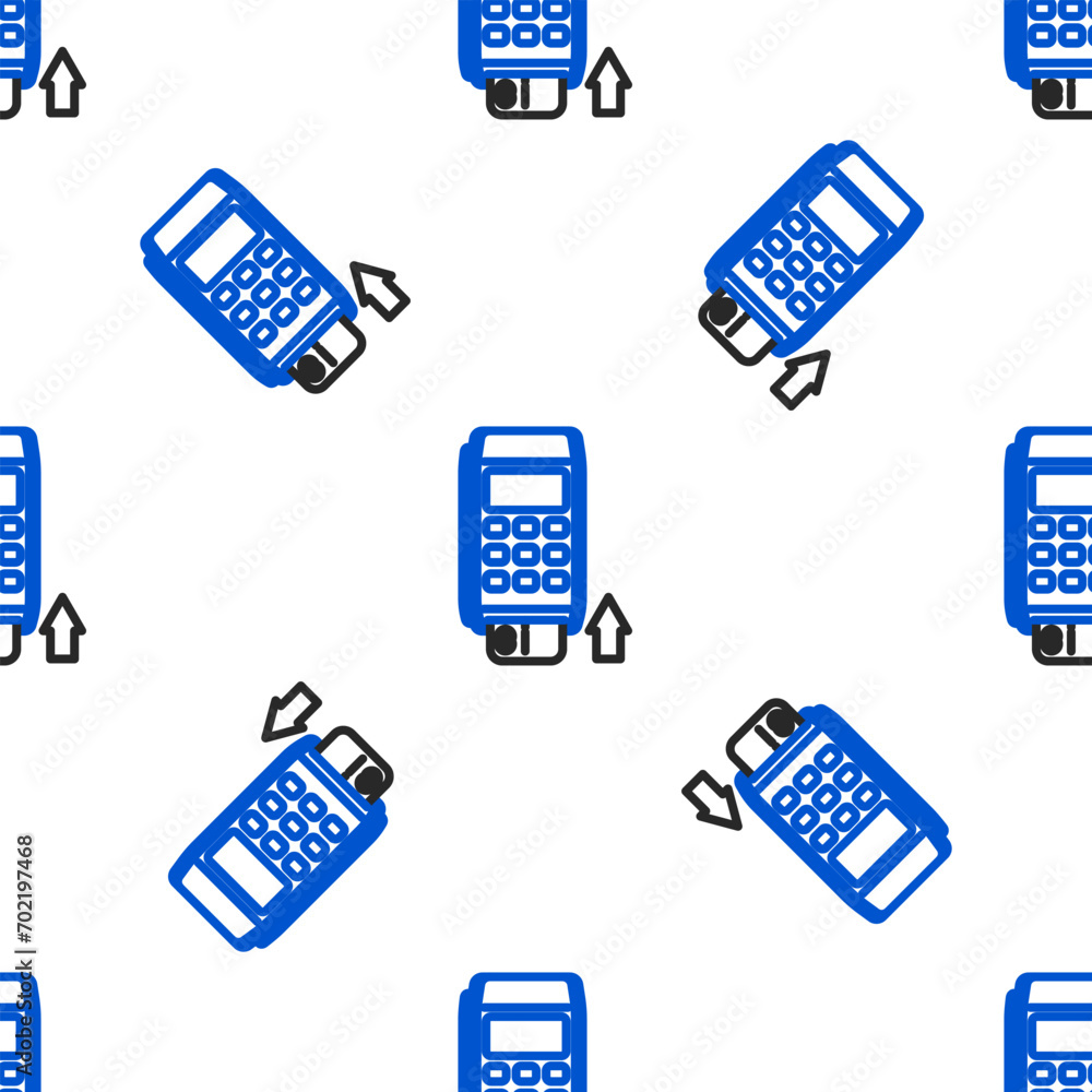 Poster line pos terminal with inserted credit card icon isolated seamless pattern on white background. paym