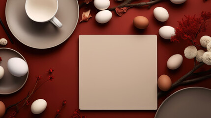 Easter background with white eggs and cup of coffee.
