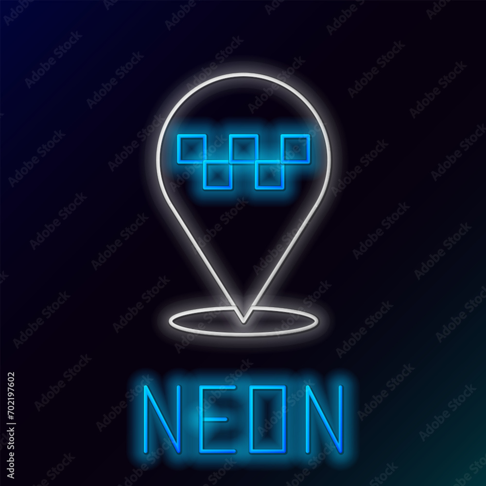 Poster glowing neon line map pointer with taxi icon isolated on black background. location symbol. colorful