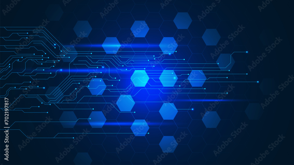 Poster blue hexagons with electronic circuit board. digital technology, global network connection and engin