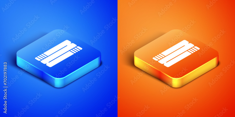 Poster isometric towel stack icon isolated on blue and orange background. square button. vector