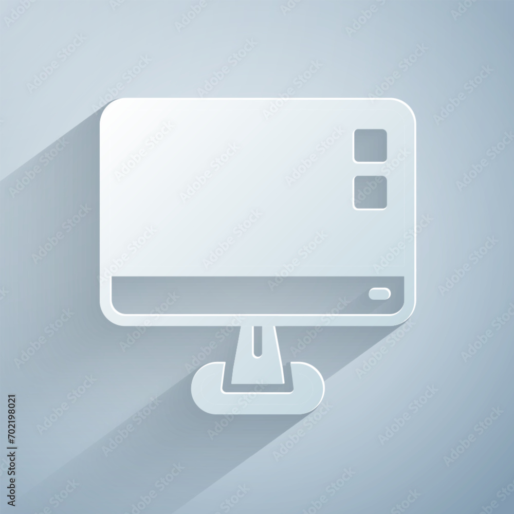 Aufkleber paper cut computer monitor screen icon isolated on grey background. electronic device. front view. p