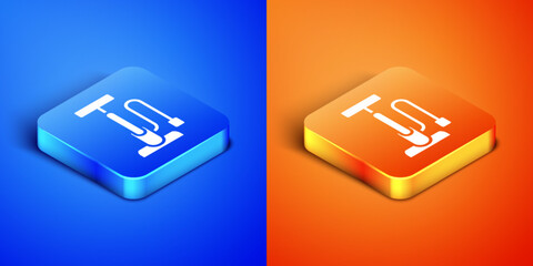 Isometric Bicycle air pump icon isolated on blue and orange background. Square button. Vector - obrazy, fototapety, plakaty