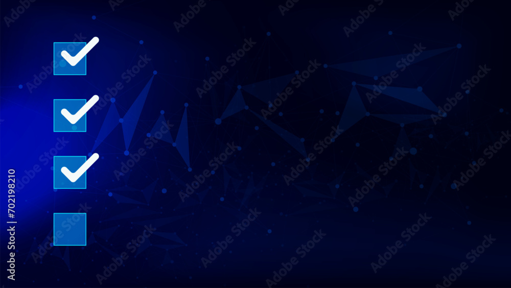 Fototapete tick correct sign mark in checkbox with connecting dots and lines on dark blue background.