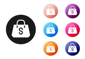 Black Shopping bag with an inscription Sale icon isolated on white background. Handbag sign. Woman bag icon. Female handbag sign. Set icons colorful. Vector