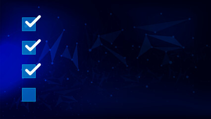 Tick correct sign mark in checkbox with connecting dots and lines on dark blue background.