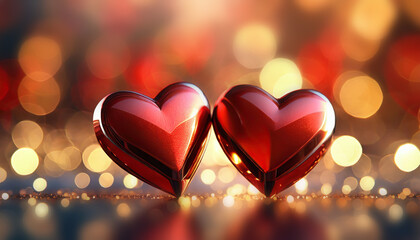 deux cœurs rouges brillants sur fond coloré avec effet de lumière Saint-Valentin mariage amour déclaration - obrazy, fototapety, plakaty
